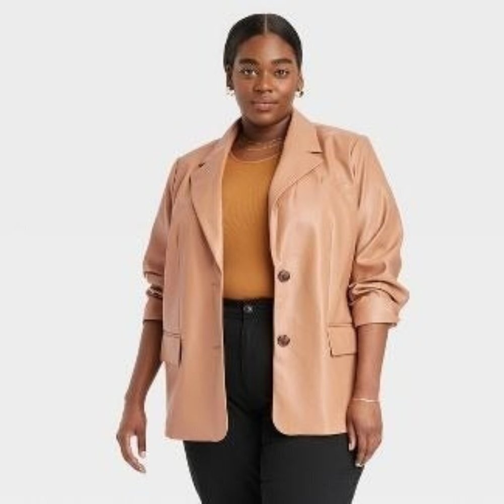 Women's Faux Leather Relaxed Fit Blazer - A New Day Light Brown